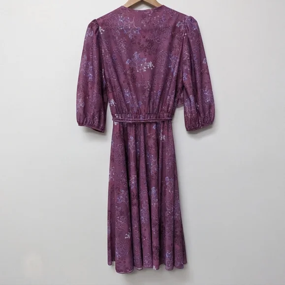Vintage 70's Purple Flowy Floral Bib Cottage Core Midi Amy-Deb Dress Made in USA - Picture 5 of 16